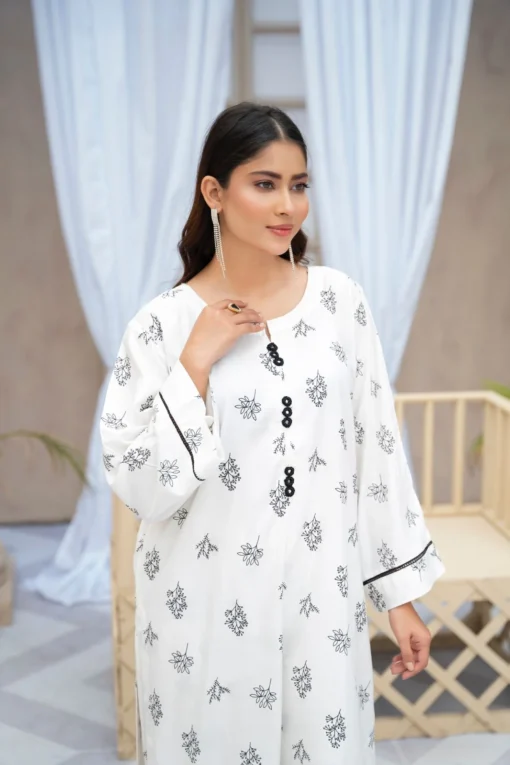 2pcs flower printed Stitched Suit Stone Winter linen Suit WINTER COLLECTION (white) - Image 2