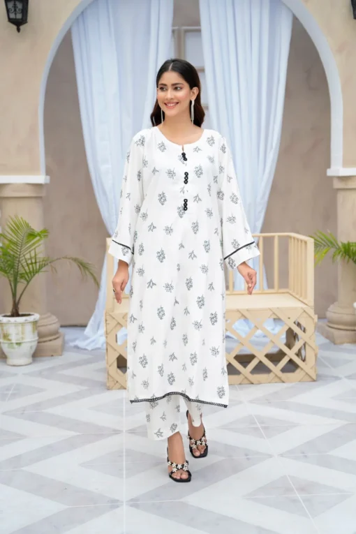 2pcs flower printed Stitched Suit Stone Winter linen Suit WINTER COLLECTION (white) - Image 4