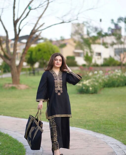 3 Pcs Linen Print Dress & Bag (shirt, trouser and bag) for girls & women - Image 3