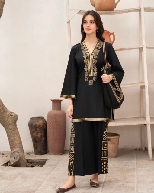 3 Pcs Linen Print Dress & Bag (shirt, trouser and bag) for girls & women