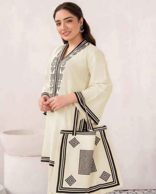 3 Pcs Linen Print Dress & Bag (shirt, trouser and bag) for girls & women - Image 9