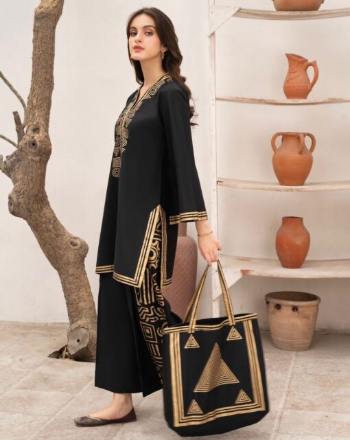 3 Pcs Linen Print Dress & Bag (shirt, trouser and bag) for girls & women - Image 10