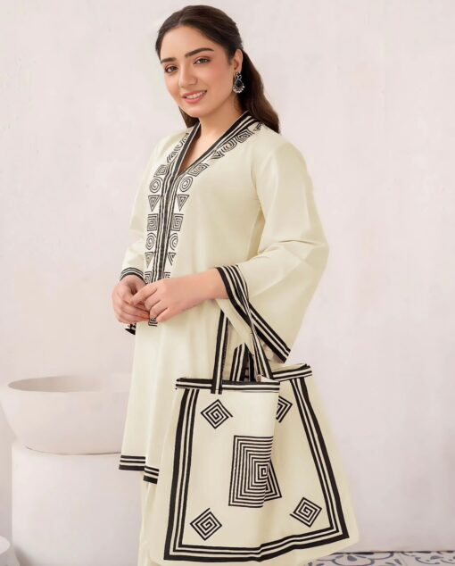 3 Pcs Linen Print Dress & Bag (shirt, trouser and bag) for girls & women - Image 11