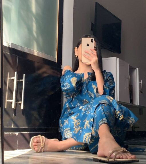(blue) 2 Pcs Women’s Stitched Petal print  Linen  casual wear for Women - Image 5
