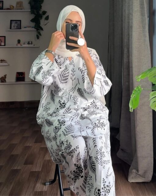 (white) 2 Pcs Women’s Stitched Petal print  Linen  casual wear for Women - Image 3