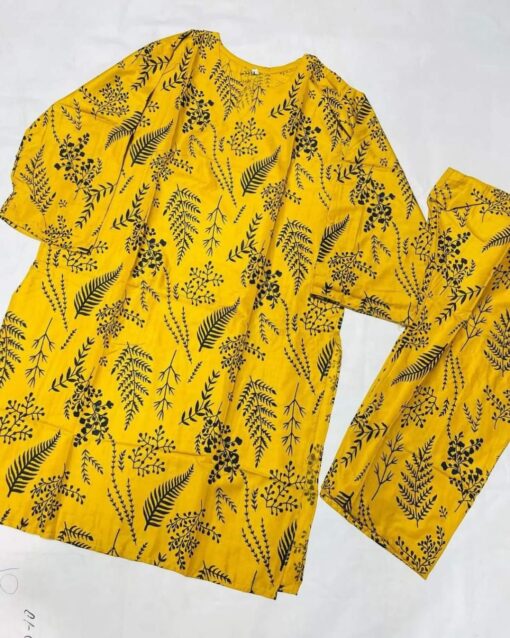 (yellow) 2 Pcs Women’s Stitched Petal print  Linen  casual wear for Women - Image 3