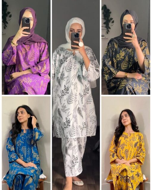 (yellow) 2 Pcs Women’s Stitched Petal print  Linen  casual wear for Women - Image 5