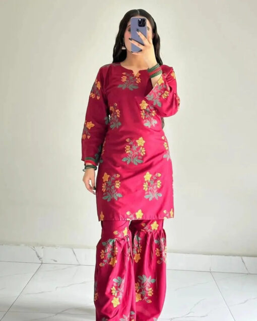 Lilen Block Flower Print 2pc Suit Shararah style - Image 16