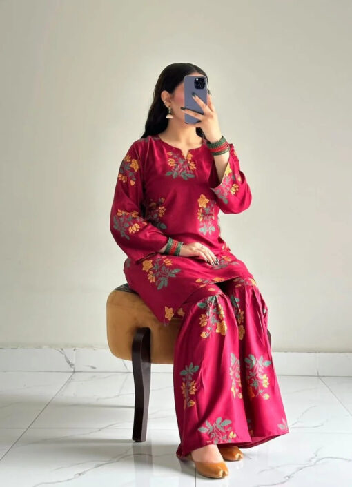 Lilen Block Flower Print 2pc Suit Shararah style - Image 15