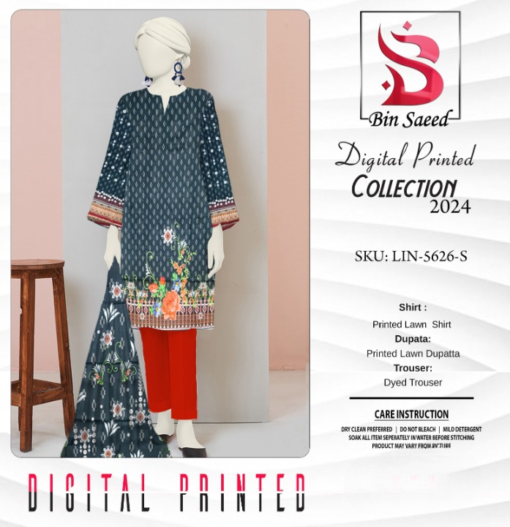 "Bin Saeed  Digital printed collection"  3pcs Lawn | Unstitched Collection Casual Wear