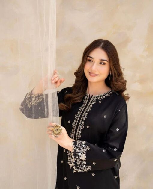 RIWAJ TAN 2PC Stitched SUIT  EMBROIDERED SHIRT Premium Lilen  (Black) - Image 2