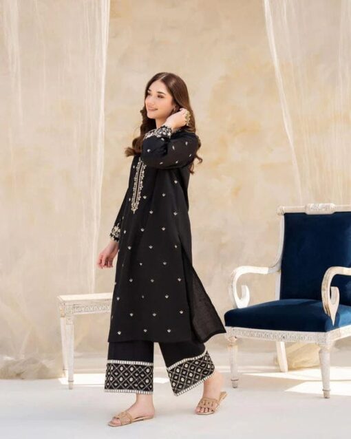 RIWAJ TAN 2PC Stitched SUIT  EMBROIDERED SHIRT Premium Lilen  (Black)
