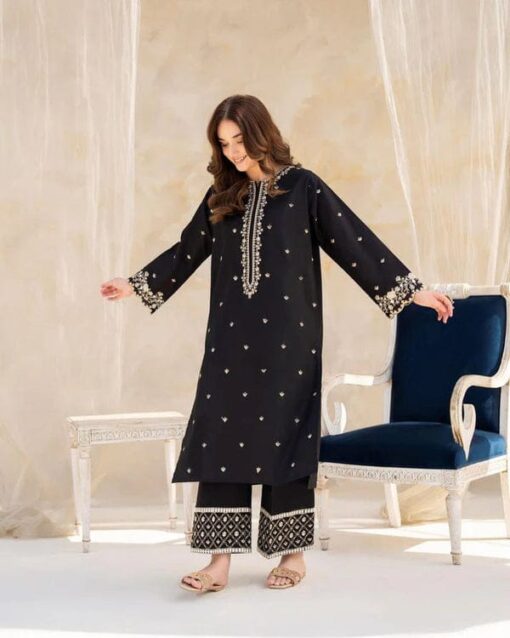 RIWAJ TAN 2PC Stitched SUIT  EMBROIDERED SHIRT Premium Lilen  (Black) - Image 5
