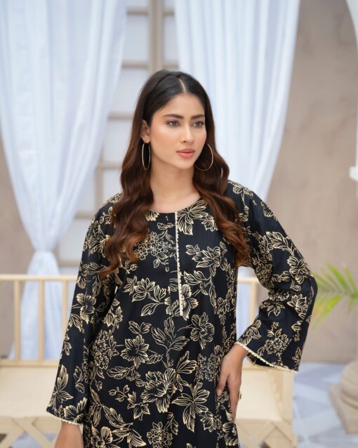 black flower printed suit pcs Stitched Suit Stone Winter linen Suit WINTER COLLECTION - Image 2