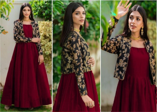 2 Pc Embroidered Round Neck Silk Maxi & Jacket - Image 9