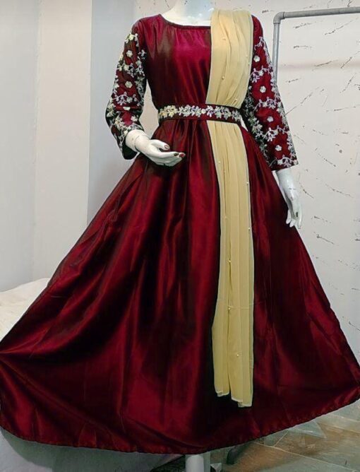 3 Pc Embroidered Silk Maxi, Trouser & Dupatta - Image 5