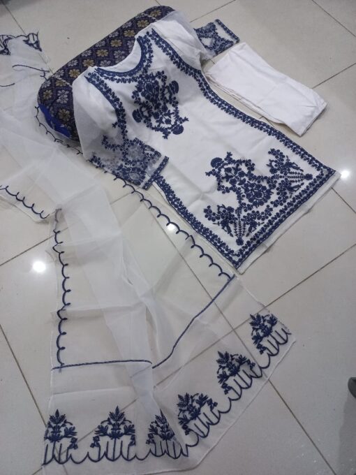 3PCs Front Heavy Embroidery Shirt With Frill Style Embroidered Dupatta - Image 6
