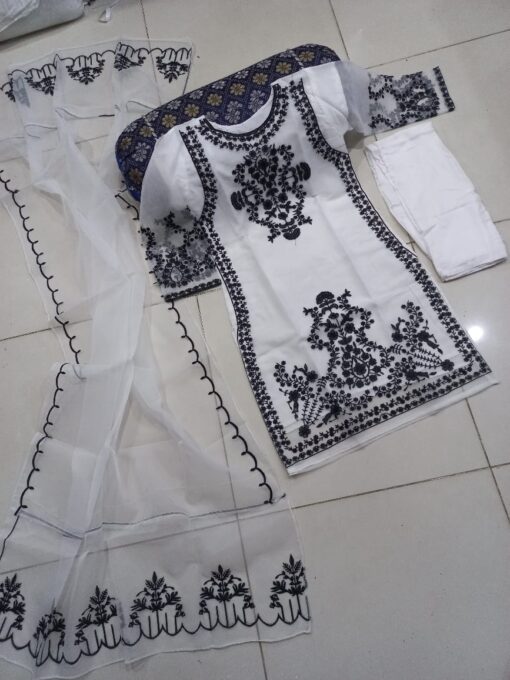 3PCs Front Heavy Embroidery Shirt With Frill Style Embroidered Dupatta - Image 5
