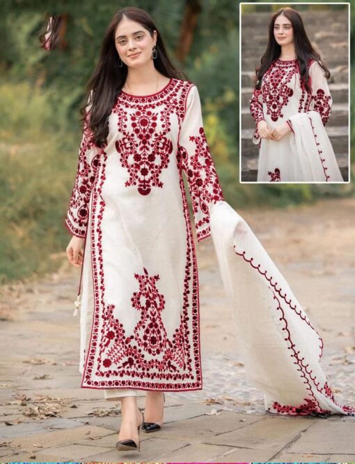 3PCs Front Heavy Embroidery Shirt With Frill Style Embroidered Dupatta - Image 2