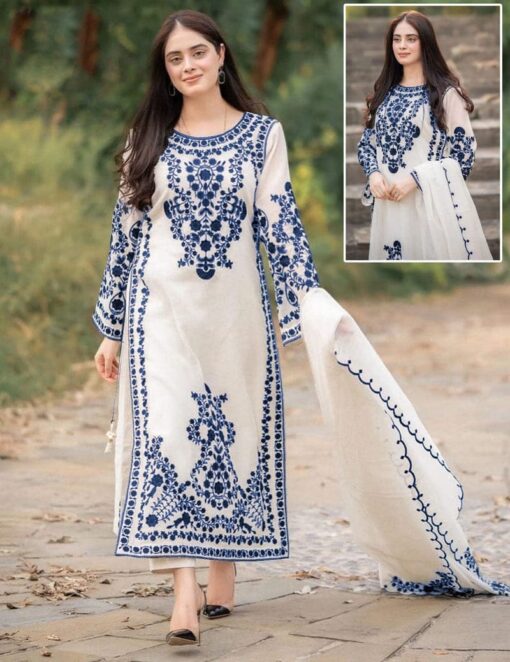 3PCs Front Heavy Embroidery Shirt With Frill Style Embroidered Dupatta - Image 3