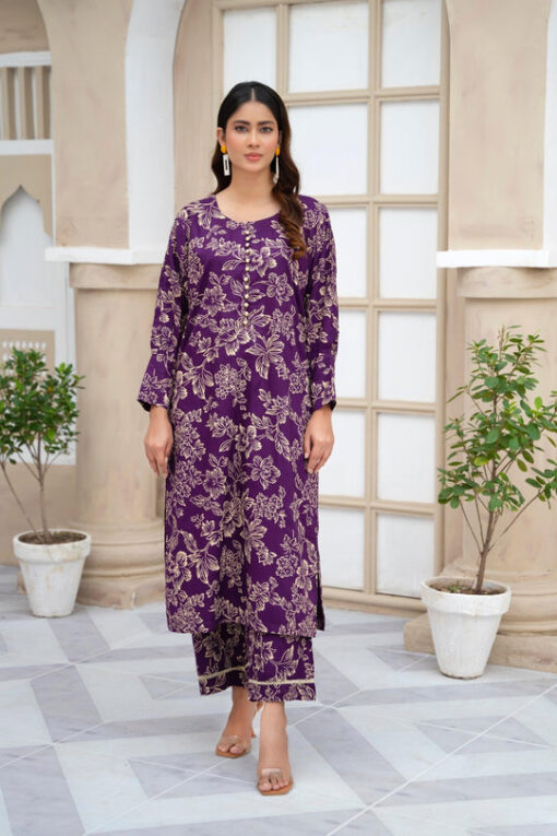flower printed suit pcs Stitched Suit Stone Winter linen Suit WINTER COLLECTION (purple) - Image 4