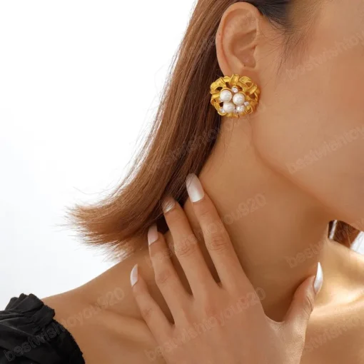 Imported Golden Elegance Pearl Cluster Earrings - Luxurious Statement Jewelry | Modern Earring For Girls & Women - Image 3