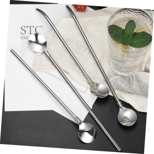 4 PCS SET Stainless Steel Spoon with Straw Reusable Spoon Cocktail Stirrers for Drinks Drinking Straw - Image 4