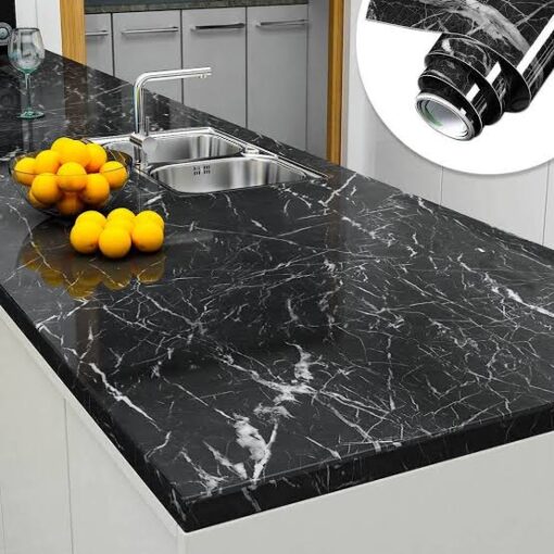 Self Adhesive Black Marble Sheet for Kitchen / Waterproof Anti Oil & Heat Resistant Wallpaper Sheet (Black)size 60×200cm