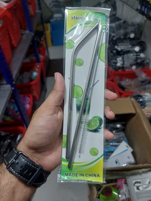 3 Pcs Set - Reusable Stainless Steel 2 Metal Straws with Cleaning Brush - Image 3