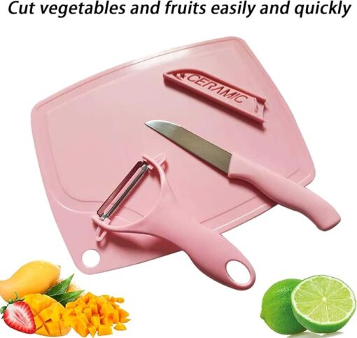 3 in 1 Ceramic Fruit Knife + Peeler + Chopping Board Set and Vagitable cutting set  (multi color) - Image 5