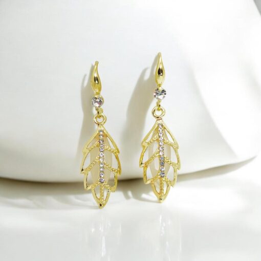 Imported Radiant Golden Leaf Earrings with Crystal Detailing Modern Twist For Women Jewelry - Image 3