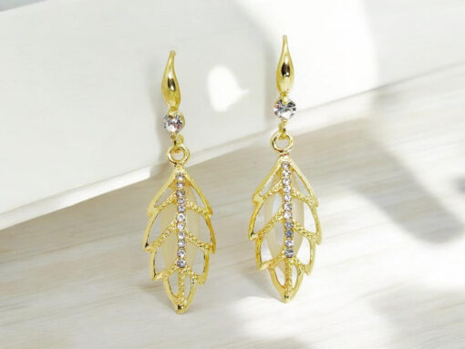 Imported Radiant Golden Leaf Earrings with Crystal Detailing Modern Twist For Women Jewelry