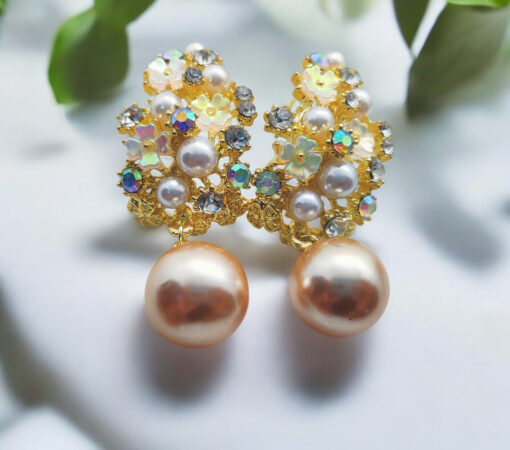 Imported Enchanted Floral Pearl Earrings – Luxurious Elegance Redefined! intricate floral designs adorned with shimmering crystals