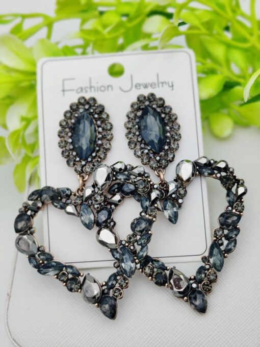 Imported Elegant Heart-Shaped Black Crystal Statement Earrings - A True Masterpiece | Best Quality Earrings For Girls | Girls & Women Fashion - Image 3