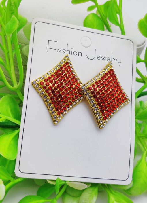 Imported Dazzling Ruby Red Diamond-Shaped Earrings with Sparkling Crystals | Fashion Earrings For Girls & Women - Image 3