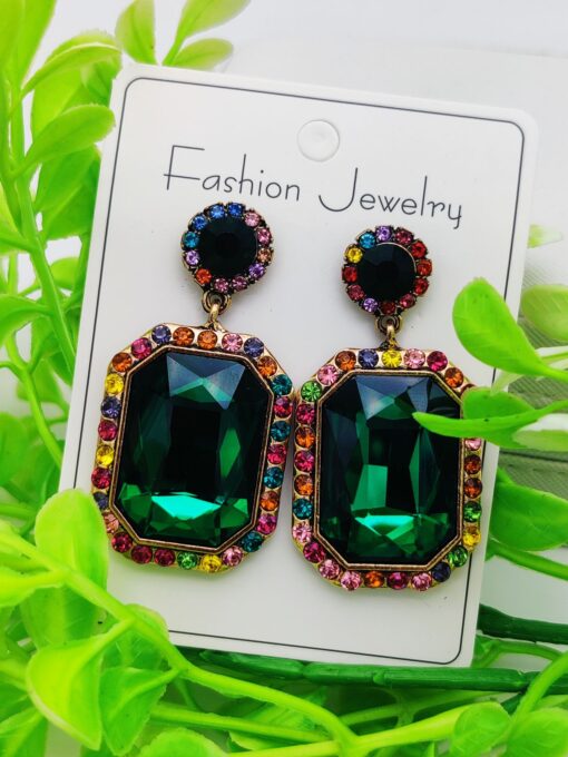 Imported Luxurious Emerald Green Gemstone Earrings with Rainbow Crystal Halo | Luxury Look Earrings For Girls