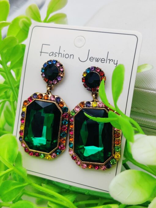 Imported Luxurious Emerald Green Gemstone Earrings with Rainbow Crystal Halo | Luxury Look Earrings For Girls - Image 2