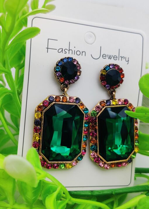 Imported Luxurious Emerald Green Gemstone Earrings with Rainbow Crystal Halo | Luxury Look Earrings For Girls - Image 3