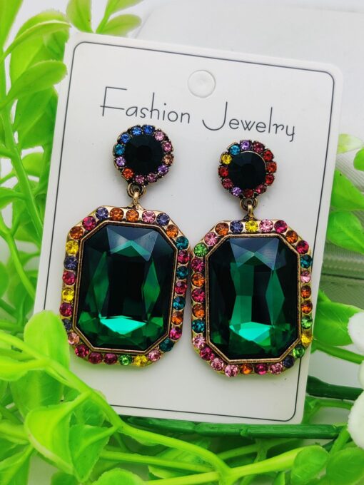 Imported Luxurious Emerald Green Gemstone Earrings with Rainbow Crystal Halo | Luxury Look Earrings For Girls - Image 4