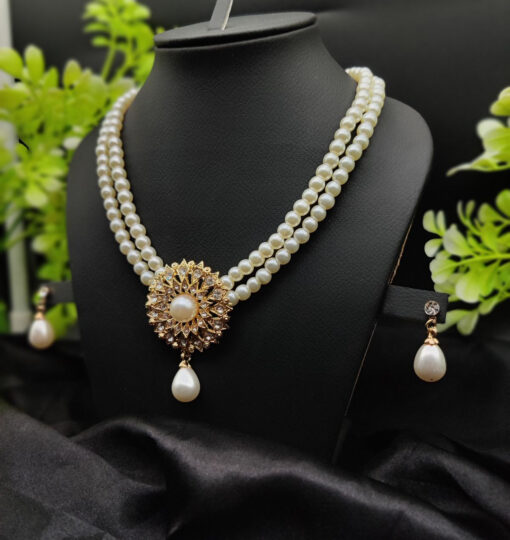 Imported Radiant Double-Layered Pearl Necklace with Golden Sunburst Pendant | Girls & Women Fashion - Image 3
