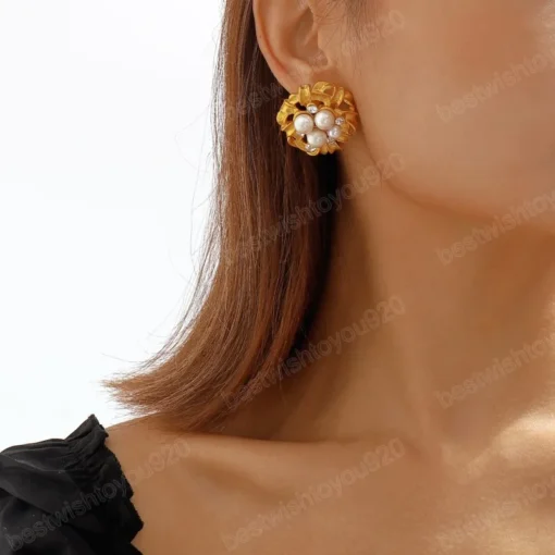 Imported Golden Elegance Pearl Cluster Earrings - Luxurious Statement Jewelry | Modern Earring For Girls & Women - Image 4