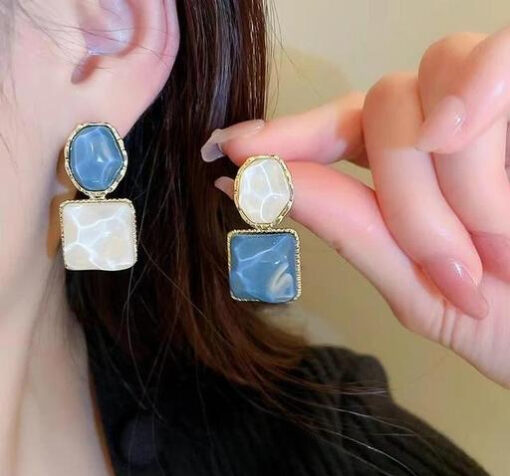 Imported Elegant Blue and White Resin Statement Earrings  Timeless Design with a Modern Twist For Women Jewelry